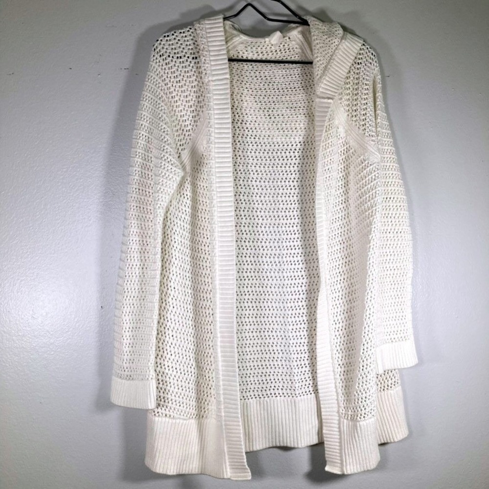 Gap Womens L White Open Knit Hooded Cardigan Sweater Longline Crochet Size L